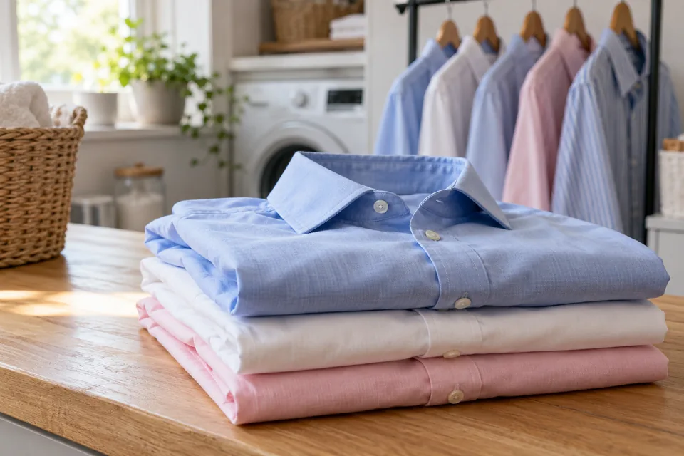 Freshly pressed blue, white and pink shirts folded beside a clothes rail